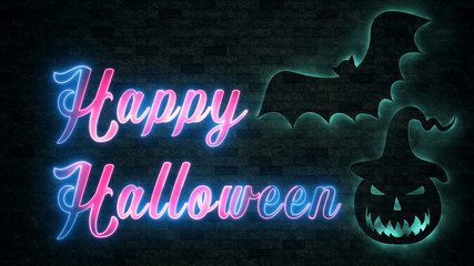 Happy Halloween Neon Light Lettering Style With Spooky Green Silhouette Bath Pumpkin And Dark Brick Wall Background
