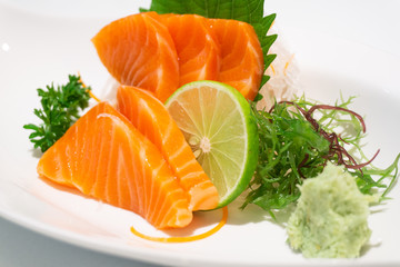 premium salmon sashimi slice on a White Plate,japanese food