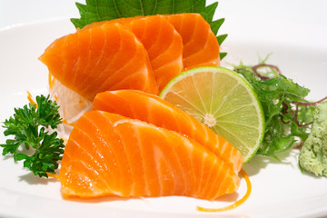 premium salmon sashimi slice on a White Plate,japanese food