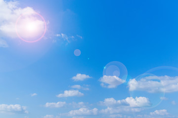 blue sky with white clouds and sun