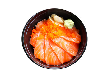 Fresh Salmon slices Include Shrimp eggs Pickled Ginger Wasabi In a black bowl with chopsticks, nutrition delicious ready for eat closeup  isolated  on white background