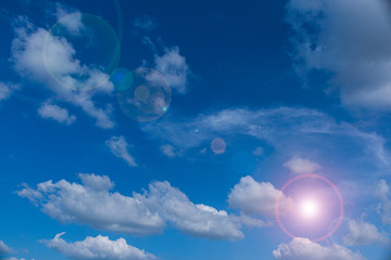 blue sky with white clouds and sun