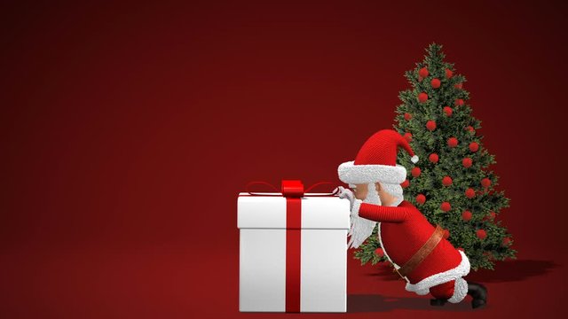 Merry Christmas and Happy New Year 2020 animation. Santa Claus with a Christmas gift near the Christmas tree. Santa Claus Push Gift.