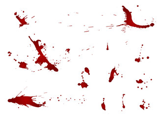 Messy blood blot collection, red drops on white background. Vector illustration, maniac style, isolated. Big splashes