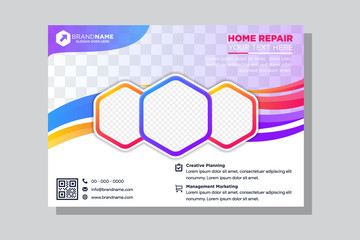 Horizontal vector background template for page covers, flyers, leaflets or advertising billboards liquid wave shape. gradient blue and pink colors. hexagon layout space for photo collage. 
