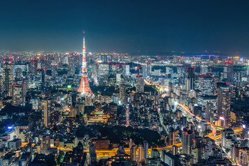 Fototapeta premium Cityscape of Tokyo skyline, panorama aerial skyscrapers view of office building and downtown in Tokyo in the evening. Japan, Asia.
