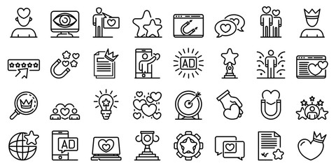 Engaging content icons set. Outline set of engaging content vector icons for web design isolated on white background