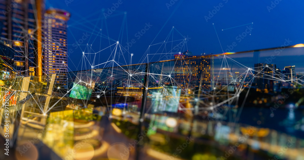 Poster Wireless network and Connection technology concept with Abstract Bangkok city background