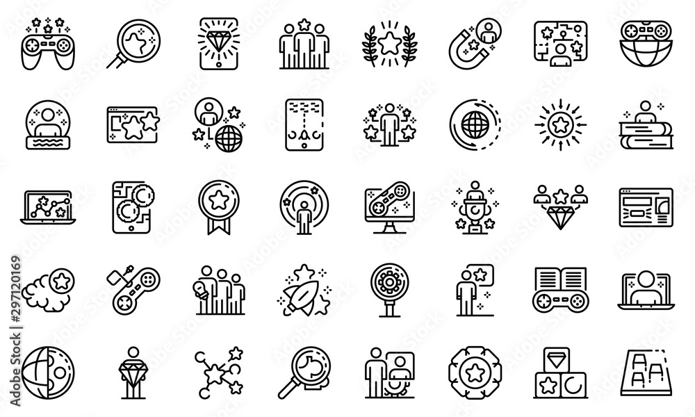 Poster gamification icons set. outline set of gamification vector icons for web design isolated on white ba