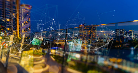 Wireless network and Connection technology concept with Abstract Bangkok city background
