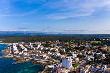 Fototapeta premium Aerial views, Can Picafort, bay and harbor, Mallorca, Balearic Islands, Spain