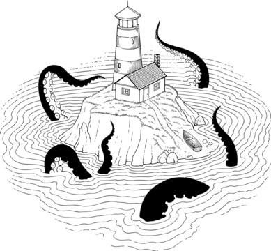 Black and white vector illustration of sudden visit to the lighthouse