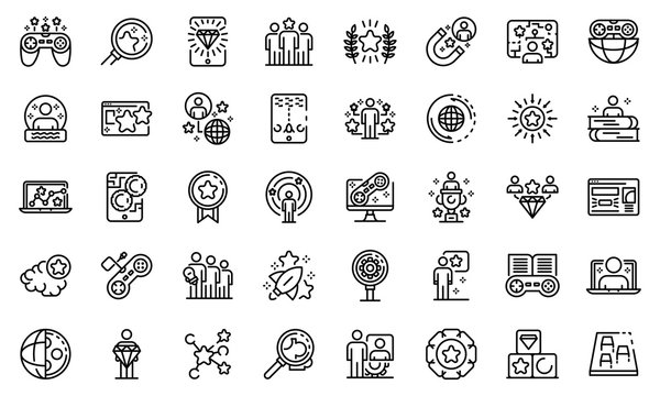 Gamification icons set. Outline set of gamification vector icons for web design isolated on white background