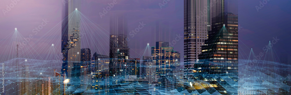 Aufkleber Wireless network and Connection technology concept with Abstract buildings and city background