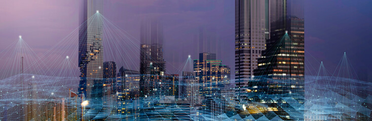 Wireless network and Connection technology concept with Abstract buildings and city background