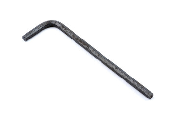 Macro shot of Black Used hexagon or allen wrench isolated on white background. (Image Stacking Technique)