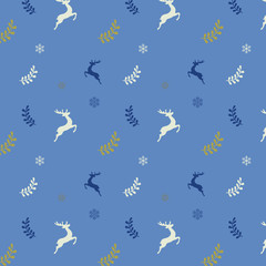 Christmas seamless pattern with stars. reed, decorations, leaves, berries, trees ans snowflakes on blue background.