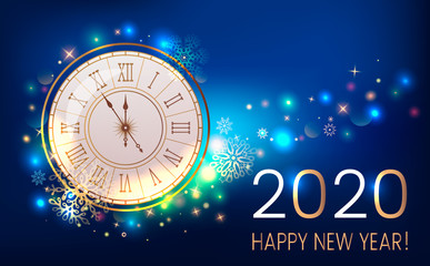 Fototapeta na wymiar Happy new year 2020 greeting card or banner on the background of fireworks, shine and stars. New Year and holidays concept Xmas.