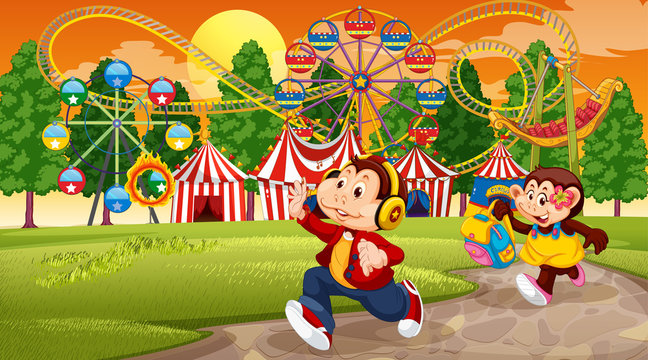 Monkey kids and amusement park scene