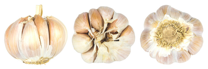 Garlic set isolated on white background. Side , top and bottom view, with clipping path.