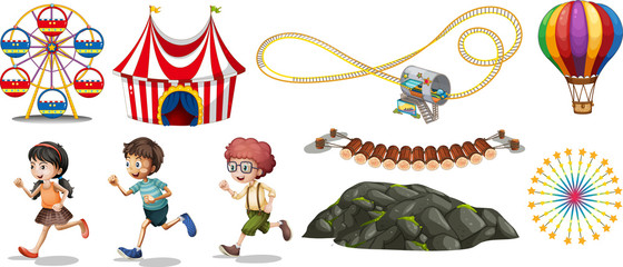 Isolated objects from circus theme with children and rides