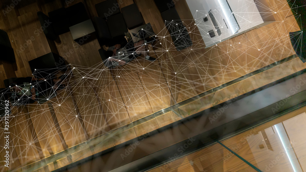 Poster Above view of Hipster guy surfing network, connecting with people and shopping in data center.