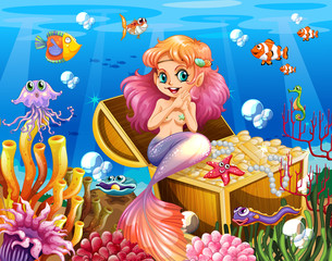 Fototapeta na wymiar Background scene of underwater with mermaid and treasure