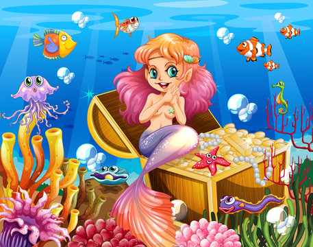 Background scene of underwater with mermaid and treasure