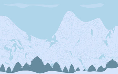 Winter abstract mountains - spruce forest, snowdrifts - art, vector. Travel Poster. Mountain tourism