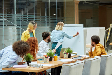 Cheerful thankful designers listen to presentation of charming female coworker in modern creative office, posing against glass wall, people does not look at camera
