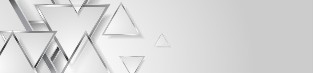 Hi-tech geometric banner design with silver triangles. Abstract metallic background. Vector illustration