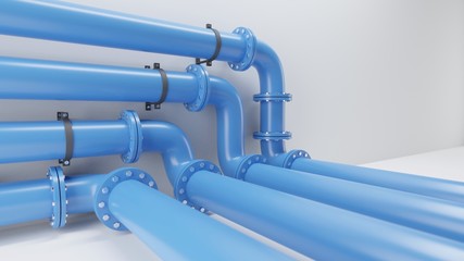Blue industrial pipelines with valves on white background. Digital render image.