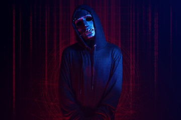 Fototapeta na wymiar hacker man wear mask terrorist with virus computer attack to server network system online in data internet security hacking ai concept