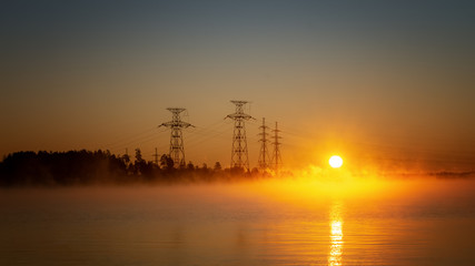 Fototapeta na wymiar industrial dawn on Reftinskoye reservoir, Russia, Ural