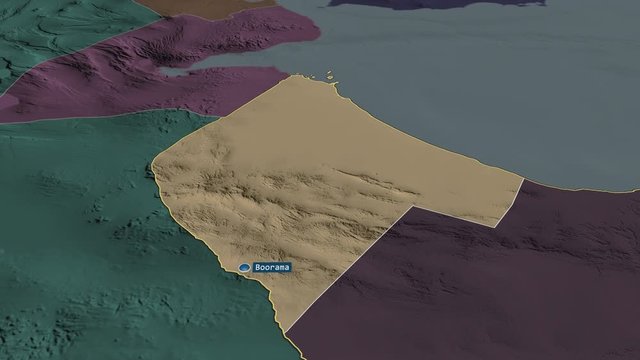 Awdal - region of Somalia with its capital zoomed on the administrative map of the globe. Animation 3D