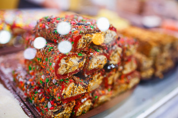 Eastern sweets, confectionery on the counter, Sherbet, Dzhezerye, halva, Turkish delight baklava.