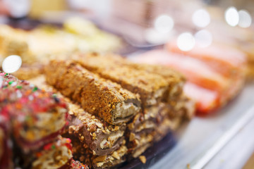 Eastern sweets, confectionery on the counter, Sherbet, Dzhezerye, halva, Turkish delight baklava.
