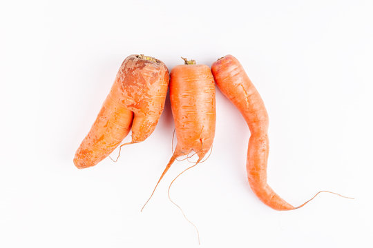 Funny ugly vegetables, carrots on white background. Concept of zero waste production in food industry. Top view.