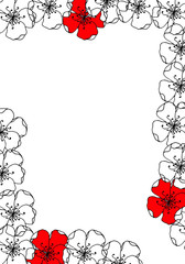 Postcard with black red flower on white background, for frame, congratulations, birthday, holiday, greeting card, invitation, celebration, wedding, party, books. Painted in pen