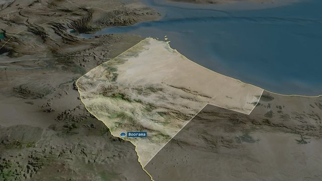Awdal - region of Somalia with its capital zoomed on the satellite map of the globe. Animation 3D