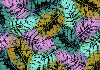 Background with colored bright foliage, for postcards, frame, invitations, pattern, greeting cards, clothes, paper, holiday, wallpaper, textile. Painted in watercolor on black. Autumn.