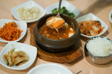 Kimchi soup. Soft focus of Korean Kimchi soup or Korea traditional food of kimchi jjigae.