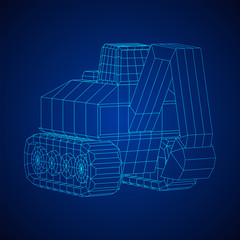Excavator heavy equipment construction company. Wireframe low poly mesh vector illustration