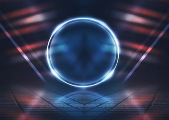 Empty background scene. Dark street reflection on wet asphalt. Rays of neon light in the dark, neon shapes, smoke. Background of an empty stage show. Abstract dark background.