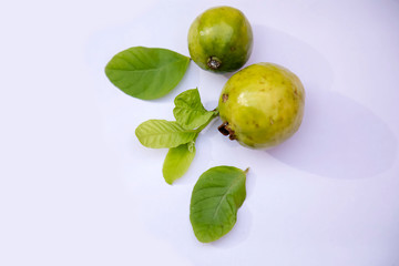 Guava fruit with leaves isolated on the white background.