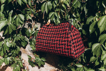 Fashionable bag, handbag outdoors. Shopping concept, suitcase textile in vintage style