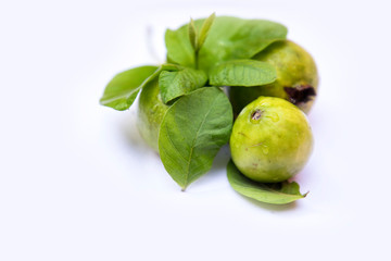 Fototapeta na wymiar Fresh guava with leaf isolated on white background.
