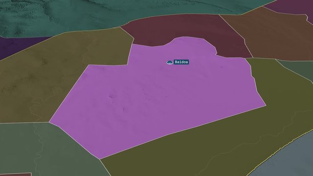 Bay - region of Somalia with its capital zoomed on the administrative map of the globe. Animation 3D