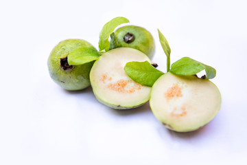guava fruit and slice on white background. guava fruit top view on white background.