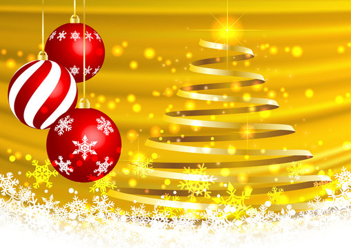 金色背景に輝くキラキラ光とリボンのクリスマスツリーとオーナメント